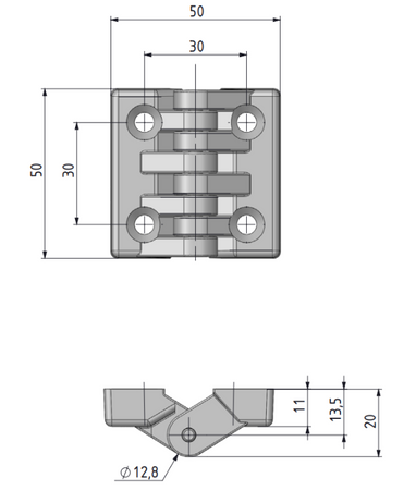 Zawias płaski A=50 B=50 l=30, poliamid, 4-otwory, czarny