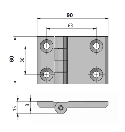 Zawias skrzydełkowy nierdzewny A=90 B=60, 4-otworowy, INOX