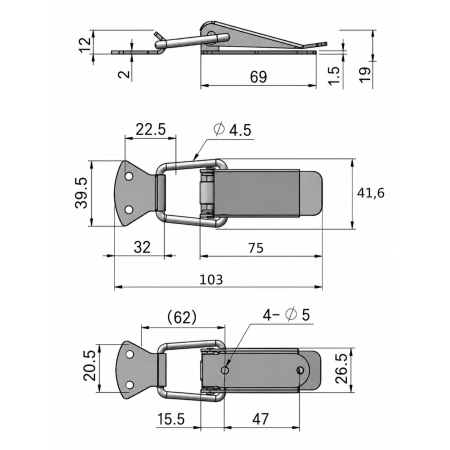 Zatrzask kolankowy stal 103x41mm zapinka