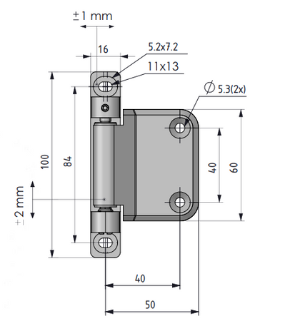Zawias płaski z łożyskiem Delrin 50x100 mm, lakier czarny, lewy, ZnAl