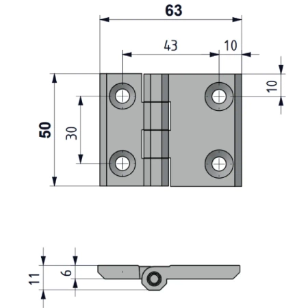 Zawias skrzydełkowy metalowy A=50 B=63, lakierowany czarny, 4-otworowy, ZnAl