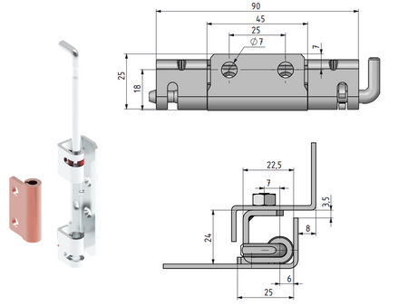 Zawias stalowy chowany 102,5x25 mm ocynkowany, do drzwi 24 mm, do spawania