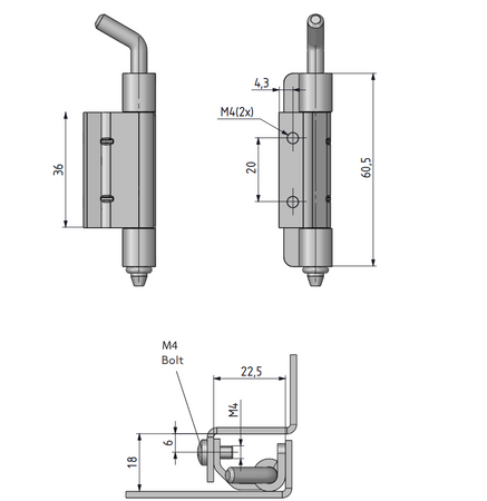 Zawias wewnętrzny nierdzewny 23x60 mm, zagięcie drzwi 18 mm, otwory ⌀4 mm, INOX