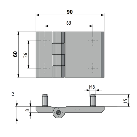 Zawias skrzydełkowy A=90 B=60, metalowy, chromowany, 4-śruby, ZnAl