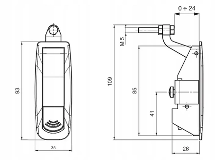 Zamek dociskowy na panel 0-24mm wygięta końcówka