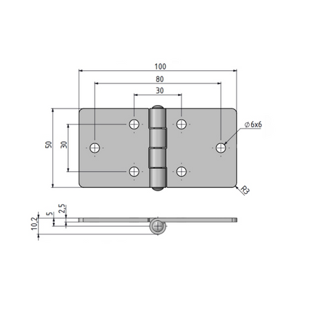 Zawias skrzydełkowy nierdzewny A=100 B=50, 6-otworowy, INOX