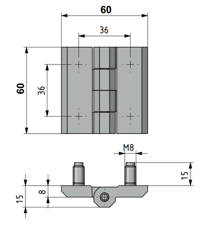 Zawias skrzydełkowy metalowy A=60 B=60 l=36, lakierowany czarny, 4-śruby M8 ZnAl