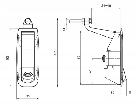 Zamek dociskowy na panel 24-46mm na klucz wygięta końcówka