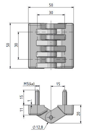 Zawias skrzydełkowy poliamidowy A=50 B=50, czarny, 4-śruby M5, PA6, żebrowany