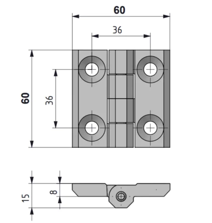 Zawias skrzydełkowy nierdzewny A=60 B=60 l=36, 4-otworowy, INOX