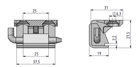 Zawias narożny metalowy 31x42 mm, lakier czarny, na panel 1,5–2 mm,ukośny pręcik, 2-otwory, ZnAl