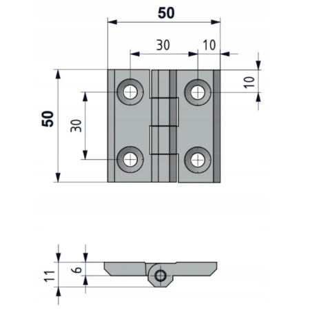 Zawias skrzydełkowy metalowy A=50 B=50 l=30, lakierowany czarny, 4-otwory, ZnAl