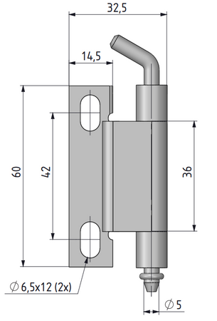 Zawias wewnętrzny stalowy 32,5x60 mm, zagięcie drzwi 20 mm, ocynk, otwory ⌀6,5x12 mm, do spawania