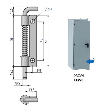 Zawias sprężynowy stalowy 30x84 mm lewy, do szaf przemysłowych