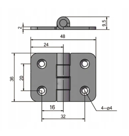 Zawias skrzydełkowy nierdzewny A=36 B=48, 4-otworowy, INOX