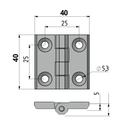 Zawias skrzydełkowy nierdzewny A=40 B=40 l=25, 4-otworowy, INOX