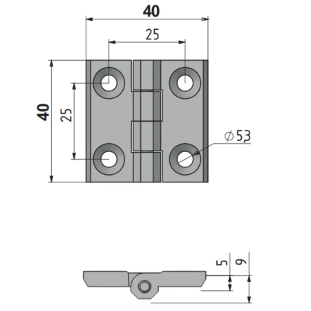 Zawias skrzydełkowy metalowy A=40 B=40 l=25, lakierowany czarny, 4-otwory, ZnAl