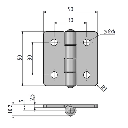 Zawias skrzydełkowy metalowy A=50 B=50 l=30, ocynkowany, 4-otworowy, stal