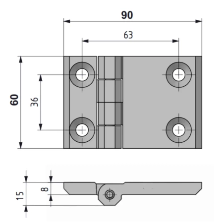 Zawias skrzydełkowy metalowy A=60 B=90, lakierowany czarny, 4-otwory, ZnAl