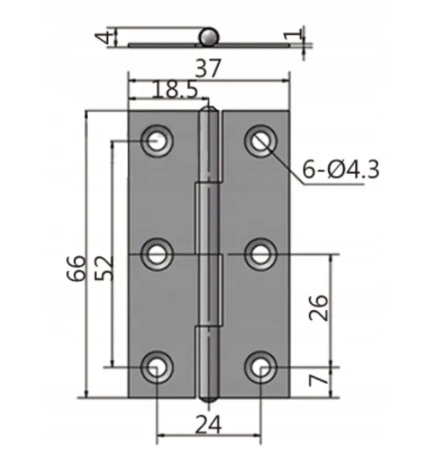 Zawias skrzydełkowy nierdzewny A=37 B=66, 6-otworowy, INOX