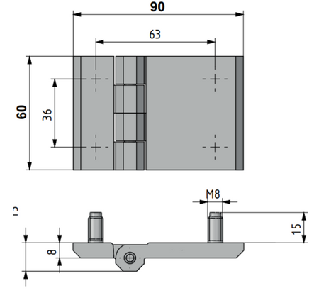Zawias skrzydełkowy metalowy A=90 B=60, lakierowany czarny, 4-śruby M8, ZnAl