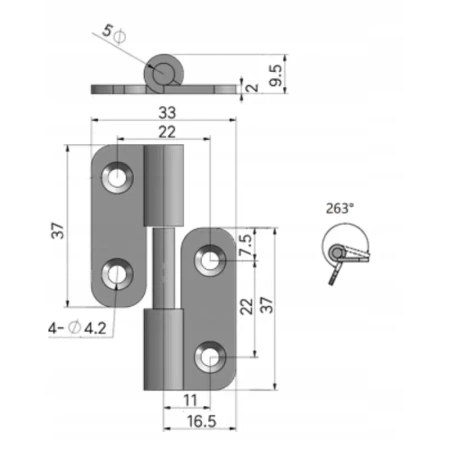 Zawias skrzydełkowy nierdzewny A=33 B=37, podnoszony, 4-otworowy, LEWY, INOX