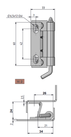 Zawias wewnętrzny stalowy 32,5x65 mm, zagięcie drzwi 24 mm, ocynk, otwory ⌀6,5 mm