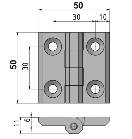 Zawias skrzydełkowy nierdzewny A=50 B=50 l=30, 4-otworowy, INOX