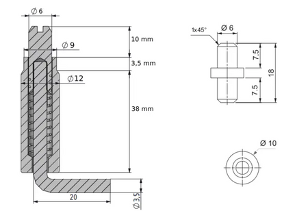 Zawias wewnętrzny stalowy 12x55 mm, sprężynowy, z trzpieniem, do wspawania