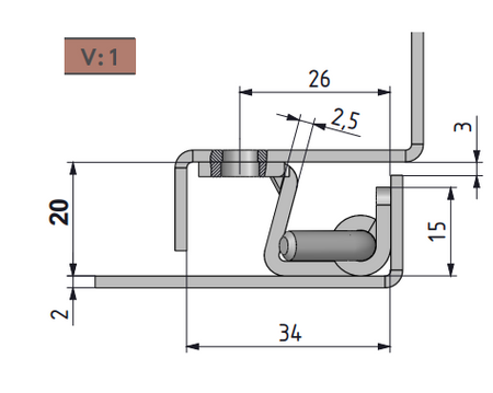 Zawias wewnętrzny nierdzewny 32,5x60 mm, zagięcie drzwi 20 mm, otwory ⌀6,5x12 mm, INOX