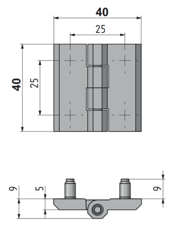 Zawias skrzydełkowy poliamidowy A=40 B=40 l=25, czarny, 4-śruby M5, PA6