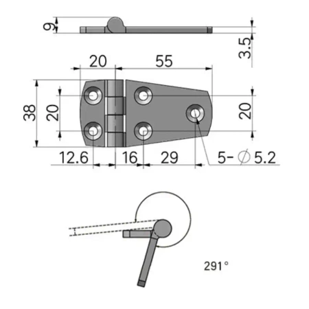 Zawias skrzydełkowy nierdzewny A=75 B=35, 5-otworowy, INOX