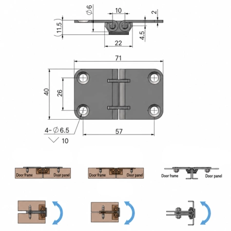 Zawias skrzydełkowy metalowy A=60 B=60 l=36, chromowany, 4-otwory, ZnAl