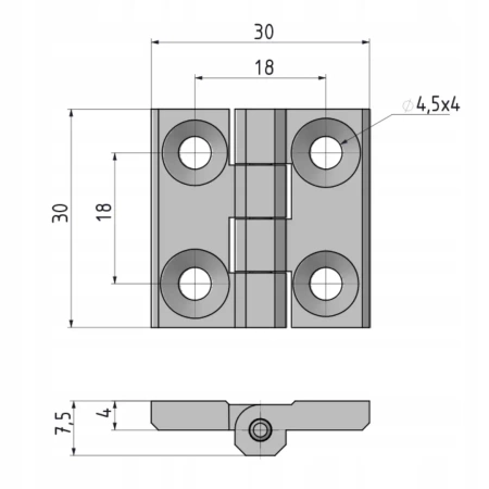 Zawias skrzydełkowy metalowy A=30 B=30 l=18, lakierowany czarny, 4-otwory, ZnAl