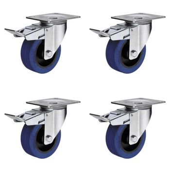 Zestaw 4 koła skrętne 80mm/100kg z hamulcem, płyta, niebieski bieżnik