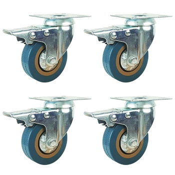 Zestaw 4 koła skrętne do 55kg PVC 100mm płyta niebieski bieżnik hamulec