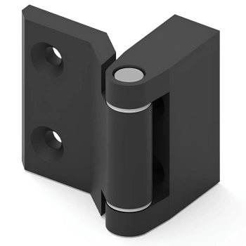 Zawias narożny metalowy 47x45 mm, zagięcie 5 mm, łożysko Delrin, lakier czarny, 4-otwory, do drzwi